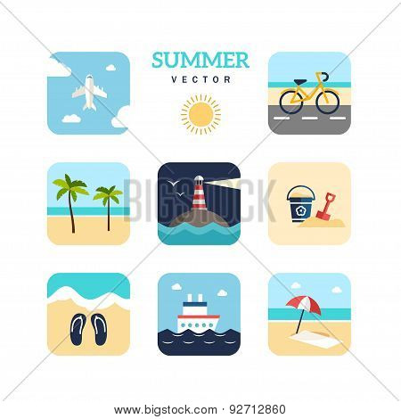 Set Of Summer Holidays Vector Illustrations. Flat Design. Plane, Lighthouse, Palm Trees, Ship, Bike