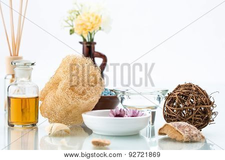 Body Care With Loofah, Scrub, Essential Oil, Spa, Floating Flowers