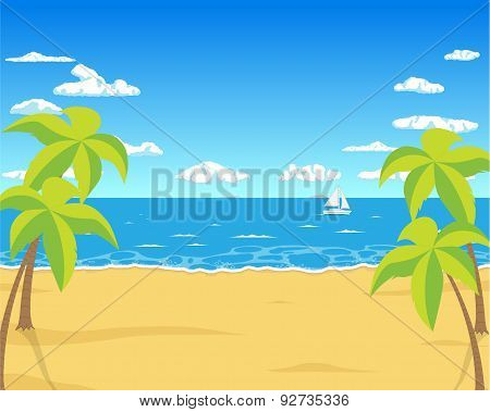 Golden sand on the summer beach near the tropical sea. Vector illustration