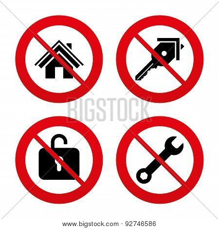 Home key icon. Wrench service tool symbol.