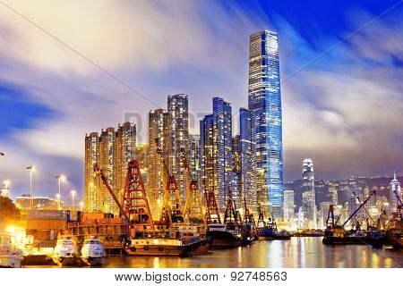 Hong Kong at night, office buildings background