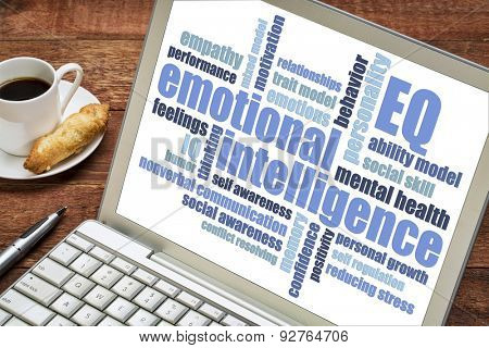 emotional intelligence (EQ) word cloud on a laptop screen with a cup of coffee,