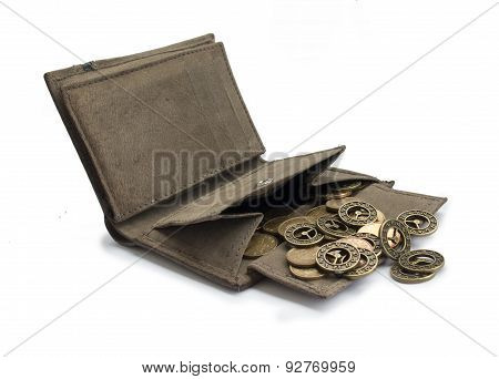 Brown Purse With Coins And A Bronze Clock