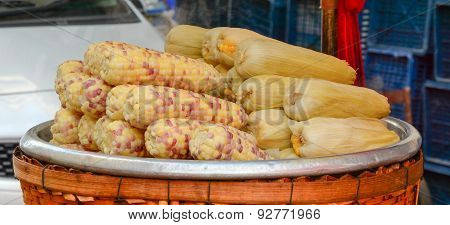 Boiled Corns At Local Market In Myanmar