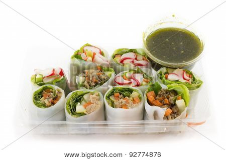 Fresh Vegetable Rice Sheet Rolls For Healthy With Seafood Sauce On White Background,soft Focus