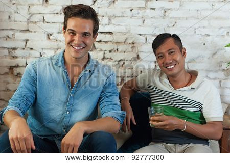 Two Men Smile Friend Mix Race Caucasian and Asian