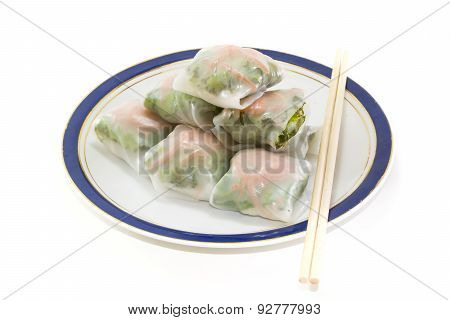 Fresh Vegetable Rice Sheet Rolls For Healthy With Seafood Sauce On White Background,soft Focus