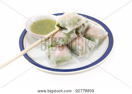 Fresh Vegetable Rice Sheet Rolls For Healthy With Seafood Sauce On White Background,soft Focus