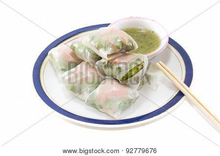 Fresh Vegetable Rice Sheet Rolls For Healthy With Seafood Sauce On White Background,soft Focus