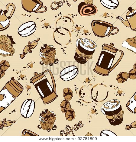 Coffee. Vector seamless pattern (texture) with with objects coffee category.