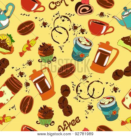 Coffee. Vector seamless pattern (texture) with with objects coffee category.