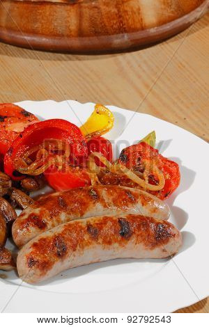 Grilled Sausages, Mushrooms, Tomatoes, Peppers