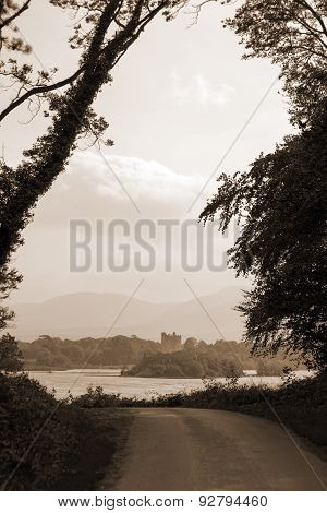 Sepia Ross Castle At The End Of A Killarney Forest Path