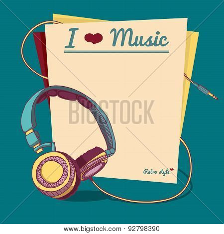Invitation template or poster in retro style with retro headphones. Place for your text. vector
