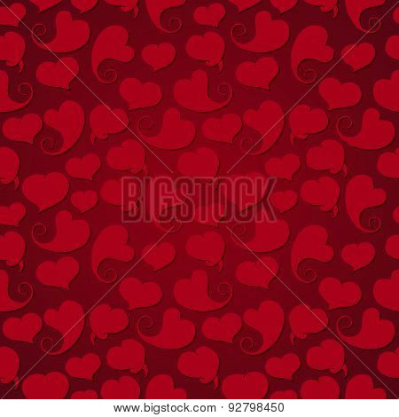Dark seamless pattern. Red hearts with shadow on a red background. Vector