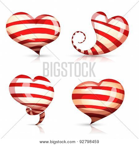 Set of bright, shiny, striped hearts of different shapes. Isolated. Vector.