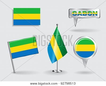 Set of Gabonese pin, icon and map pointer flags. Vector