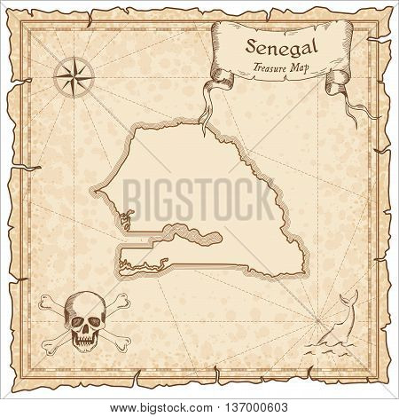 Senegal Old Pirate Map. Sepia Engraved Template Of Treasure Map. Stylized Pirate Map On Vintage Pape