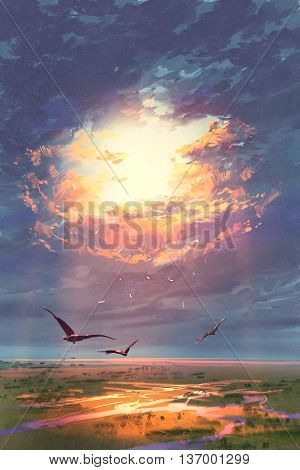 golden rays breaking through the clouds shining on ground, landscape painting