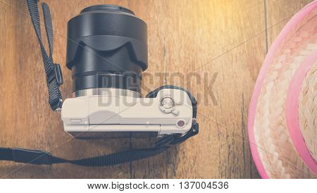 Girly Farmer and white camera for chick travel summer vacation background.