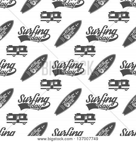 Surfing day pattern design. Summer seamless design with surfer van, surfboards. Monochrome combi car. Vector illustration. Use for fabric printing, web projects, t-shirts or tee designs.