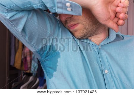 Sweaty Spot On The Shirt Because Of The Heat, Worries And Diffidence