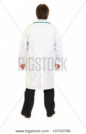 Ärztin/Arzt stehend zurück auf Kamera, isolated on white