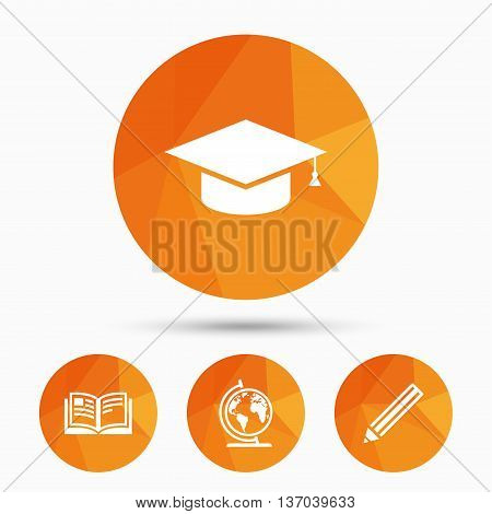Pencil and open book icons. Graduation cap and geography globe symbols. Education learn signs. Triangular low poly buttons with shadow. Vector