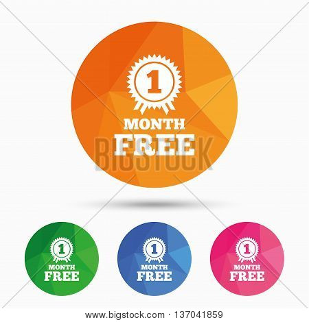 First month free medal with ribbon sign icon. Special offer symbol. Triangular low poly button with flat icon. Vector