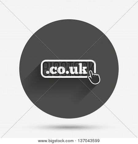 Domain CO.UK sign icon. UK internet subdomain symbol with hand pointer. Circle flat button with shadow. Vector