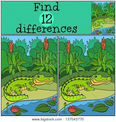 Children Games: Find Differences. Little Cute Alligator.