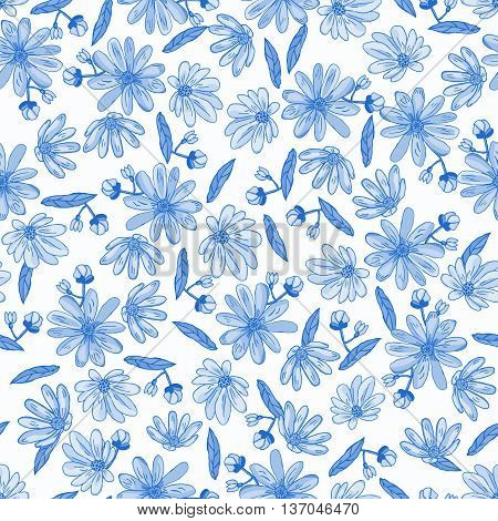 Abstract seamless hand painted background. Isolated blue flowers and leafs.