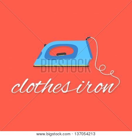 clothes iron lettering on red background. concept of ironing, drudgery, electricity, homework, laundry room, dry cleaning of linen, housewife. flat style modern logo design eps10 vector illustration