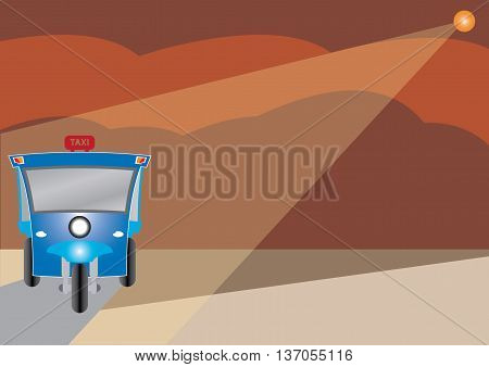 Modern design of Three wheel Motor or Tuktuk with road from mountain season colour of mountain