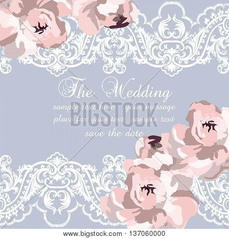 Vector Delicate Lace and peony flowers card. Vintage Wedding Invitation card. Delicate border of lace watercolor peonies flowers for wedding greeting cards Valentine's day. Serenity rose color