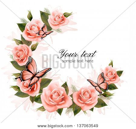 Holiday background with beauty flowers and butterflies. Vector.