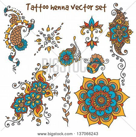 Vector abstract patterns of tattoo henna. Zentangle paisley and flower. Stock mehndi set for design on white background.