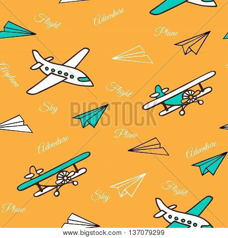 Yellow seamless pattern of cute airplanes. Aircraft and paper airplanes hand-drawn. Vector illustration in a sketch style.