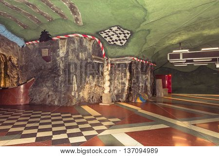 Stockholm, Sweden - March 31, 2016: Stockholm subway. Interior of Radhuset station. Radhuset metro station.