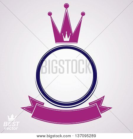 Vector circle with 3d decorative royal crown and festive ribbon luxury coat of arms.
