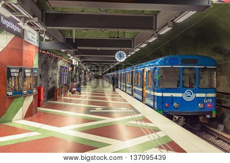 Stockholm Sweden - March 31 2016: Stockholm subway. Interior of Radhuset station. Radhuset metro station.
