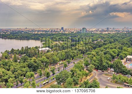 Bucharest, Romania - June 28, 2015: Bucharest City At Sunset. Bucharest  Is The Capital And Largest