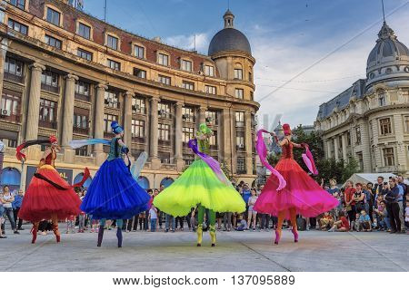 Bucharest Romania - June 10 2016: Ballerinas show at B-FIT in the Street. B-FIT is a cultural event that involves international artists and acrobats who act in theater plays on street.