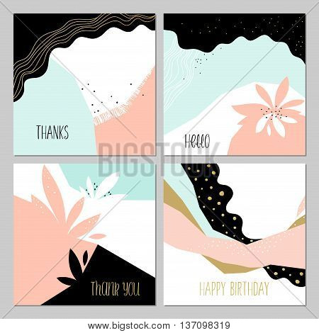 Set of universal cards. Contemporary cards design with abstract floral and geometric elements. Use for printed materials, invitations, greeting cards, covers, placards, posters, postcards, brochures and flyers. Good for business cards, branding and identi