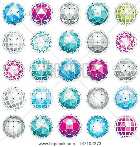 3D Vector Digital Wireframe Spherical Objects Made Using Different Geometric Facets. Polygonal Orbs
