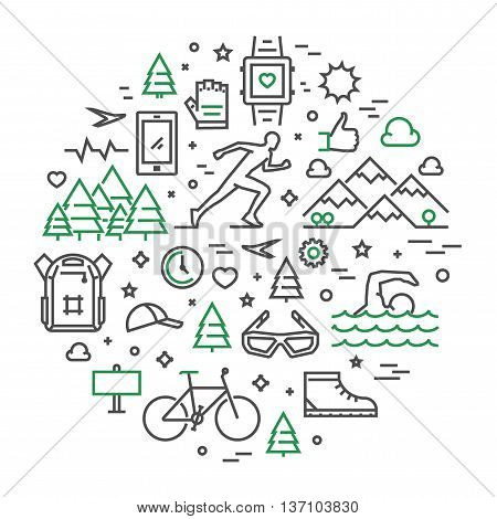 Line round concept for triathlon. Vector linear prints on T-shirts for triathlon. Open path.