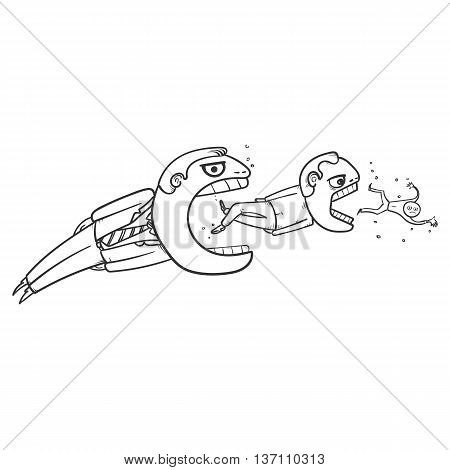 Business acquisition process. Fish like businessmen hunting each other