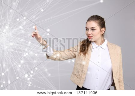 Worldwide network or wireless internet connection futuristic concept. Woman working with linked dots.