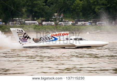 Madison Indiana - July 2 2016: Cal Phipps drives the Wiggins Racing U-27 in the Morgan Foods Unlimited Heat 1B at the Madison Regatta in Madison Indiana July 2 2016.
