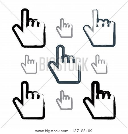 Set of point hand gestures created with real hand-drawn ink brush scanned and vectorized. Collection of monochrome brush drawing touch screen simple vector icons hand-painted user interface symbols isolated on white background.